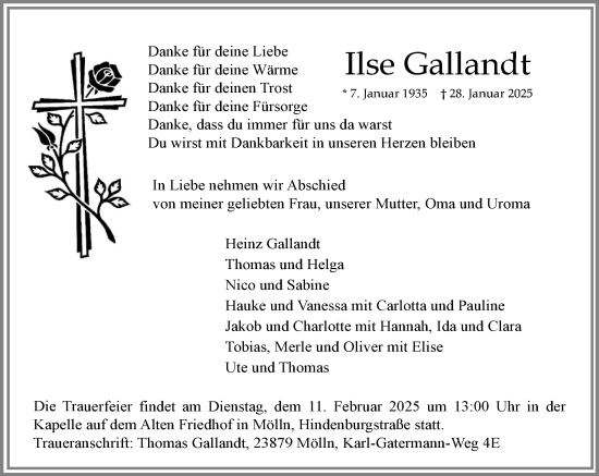 Traueranzeige von Ilse Gallandt von MARKT Ratzeburg/Mölln