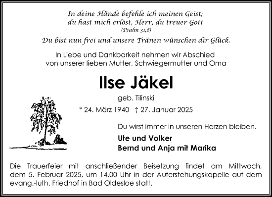Traueranzeige von Ilse Jäkel von MARKT Bad Oldesloe/Reinfeld und Stormarner Tageblatt