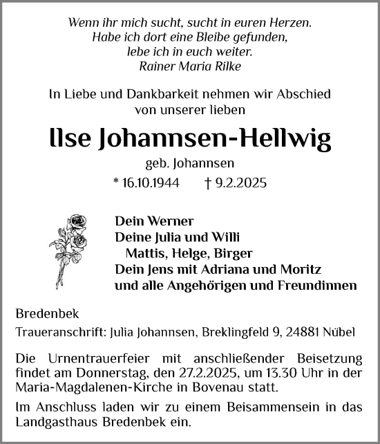 Traueranzeige von Ilse Johannsen-Hellwig von Schleswig-Holsteinische Landeszeitung