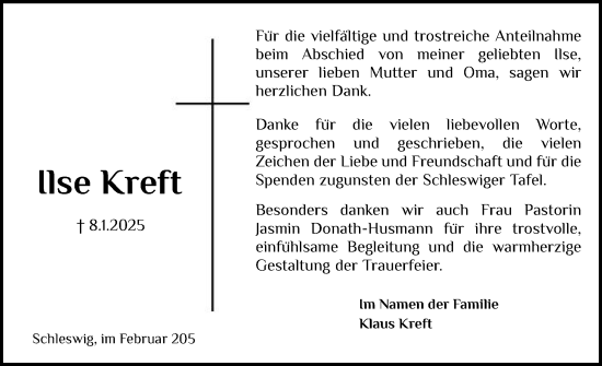 Traueranzeige von Ilse Kreft von Schleswiger Nachrichten, Schlei-Bote