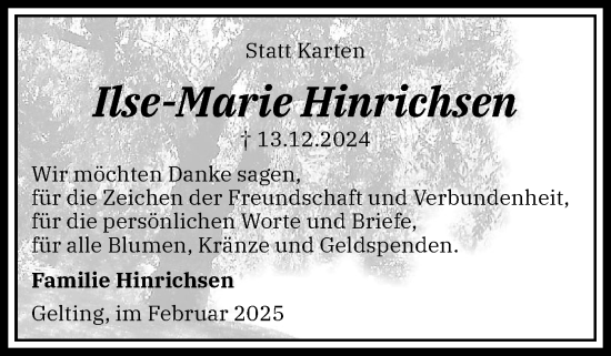 Traueranzeige von Ilse-Marie Hinrichsen von Flensburger Tageblatt, Schleswiger Nachrichten, Schlei-Bote