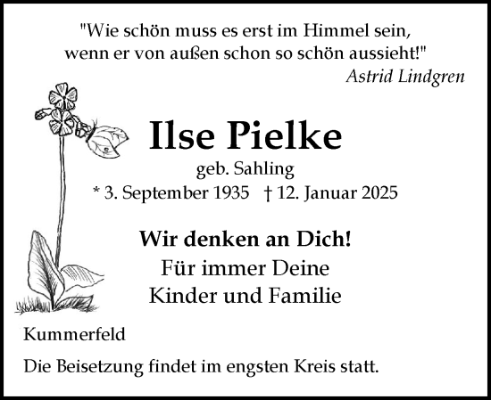 Traueranzeige von Ilse Pielke von Region Pinneberg und tip Pinneberg