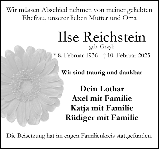 Traueranzeige von Ilse Reichstein von Flensburger Tageblatt
