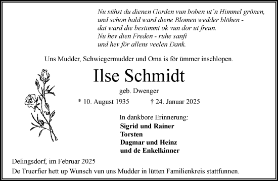 Traueranzeige von Ilse Schmidt von MARKT Ahrensburg/Bargteheide/Trittau und Stormarner Tageblatt