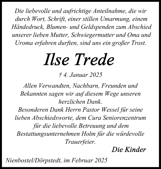 Traueranzeige von Ilse Trede von Schleswig-Holsteinische Landeszeitung
