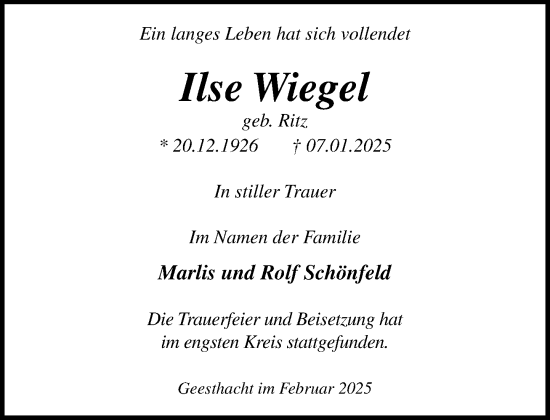 Traueranzeige von Ilse Wiegel von Wochenend Anzeiger
