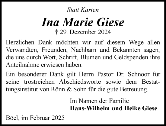 Traueranzeige von Ina Marie Giese von Flensburger Tageblatt, Schleswiger Nachrichten, Schlei-Bote