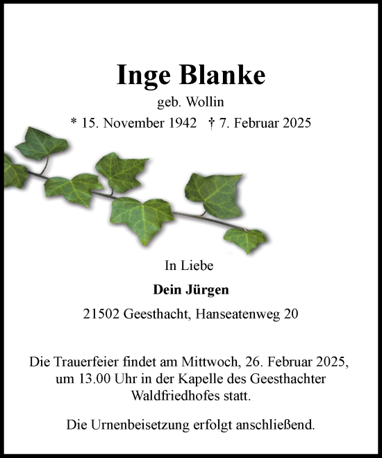 Traueranzeige von Inge Blanke von Wochenend Anzeiger
