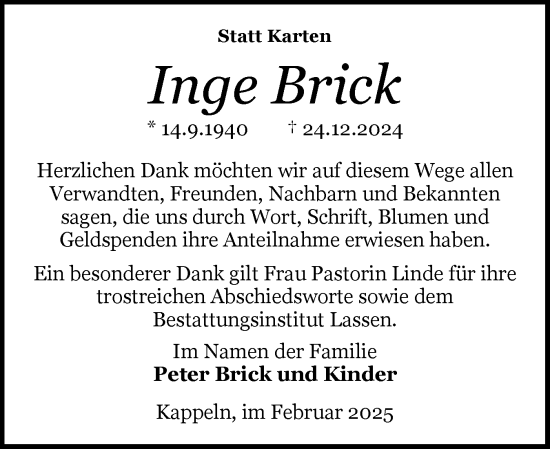 Traueranzeige von Inge Brick von Schleswiger Nachrichten, Schlei-Bote