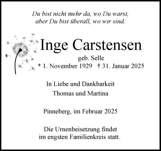 Traueranzeige von Inge Carstensen von Region Pinneberg und tip Pinneberg