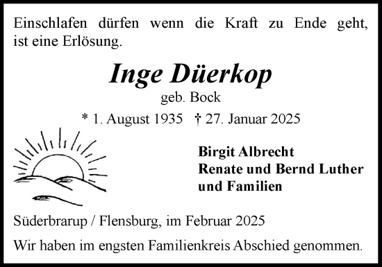 Traueranzeige von Inge Düerkop von Flensburger Tageblatt