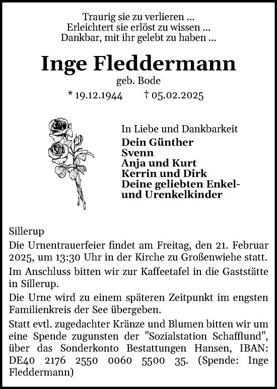 Traueranzeige von Inge Fleddermann von Flensburger Tageblatt