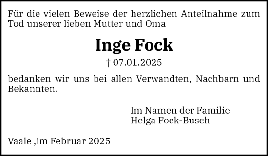 Traueranzeige von Inge Fock von Norddeutsche Rundschau, Wilstersche Zeitung, Glückstädter Fortuna