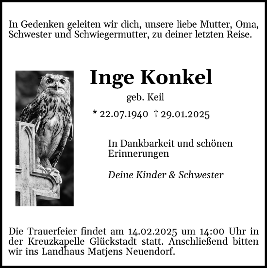 Traueranzeige von Inge Konkel von Norddeutsche Rundschau, Wilstersche Zeitung, Glückstädter Fortuna