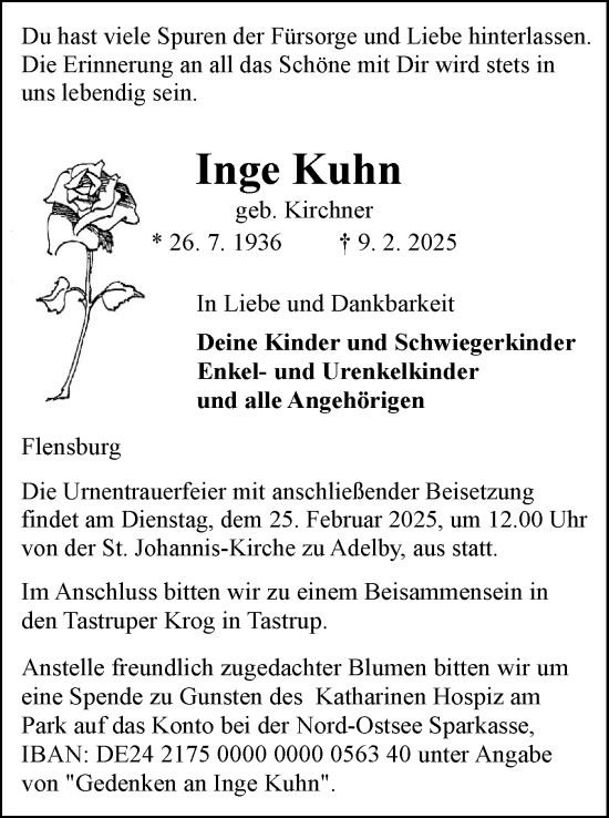 Traueranzeige von Inge Kuhn von Flensburger Tageblatt