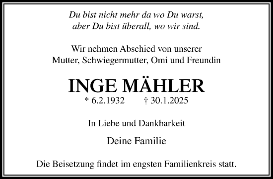 Traueranzeige von Inge Mähler von MARKT Ahrensburg/Bargteheide/Trittau und Stormarner Tageblatt