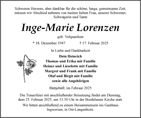 Traueranzeige von Inge-Marie Lorenzen von Husumer Nachrichten, Nordfriesland Tageblatt