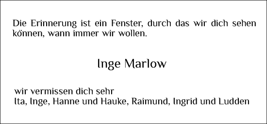 Traueranzeige von Inge Marlow von Sylter Rundschau
