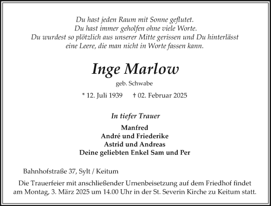Traueranzeige von Inge Marlow von Sylter Rundschau