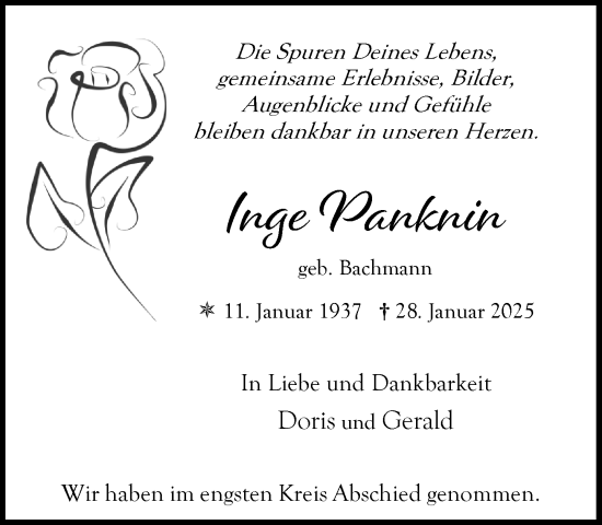 Traueranzeige von Inge Panknin von MARKT Ahrensburg/Bargteheide/Trittau und Stormarner Tageblatt