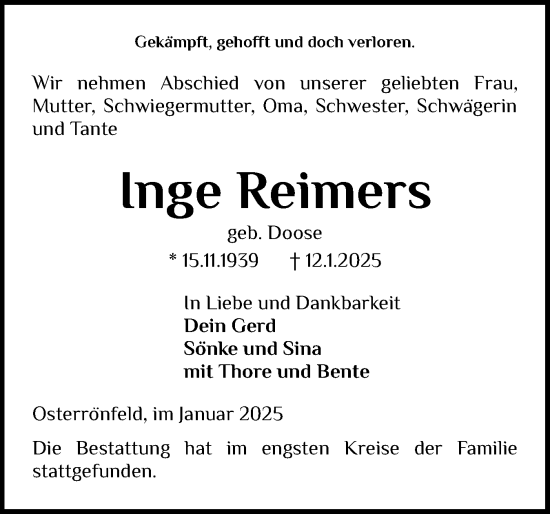 Traueranzeige von Inge Reimers von Schleswig-Holsteinische Landeszeitung