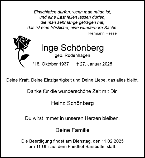 Traueranzeige von Inge Schönberg von MARKT Glinde/Reinfeld