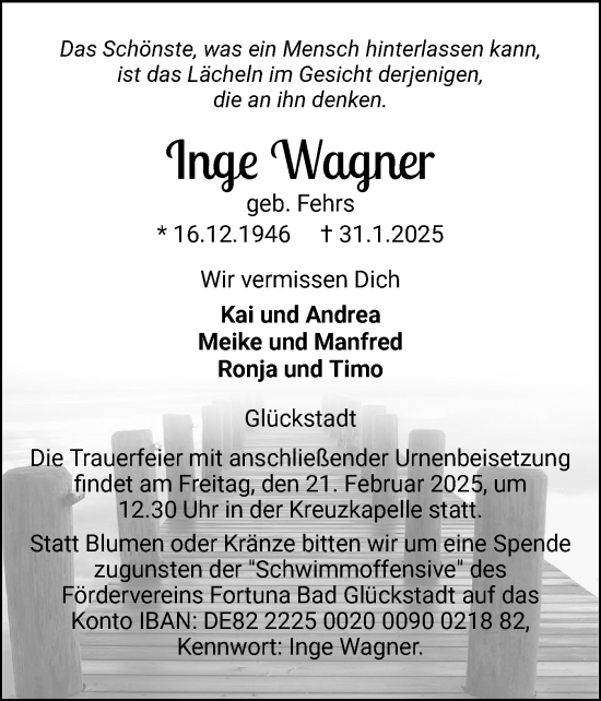 Traueranzeige von Inge Wagner von Norddeutsche Rundschau, Wilstersche Zeitung, Glückstädter Fortuna