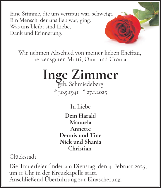 Traueranzeige von Inge Zimmer von Norddeutsche Rundschau, Wilstersche Zeitung, Glückstädter Fortuna