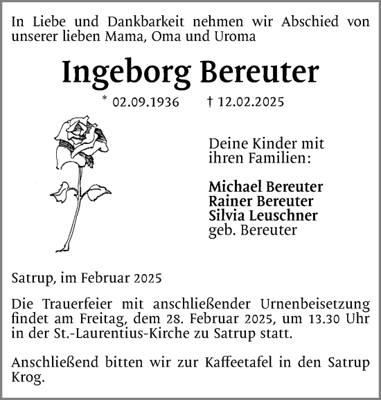 Traueranzeige von Ingeborg Bereuter von Flensburger Tageblatt