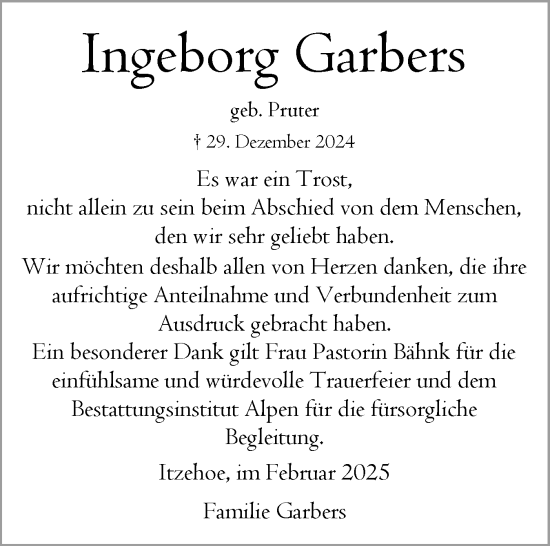 Traueranzeige von Ingeborg Garbers von Norddeutsche Rundschau, Wilstersche Zeitung, Glückstädter Fortuna