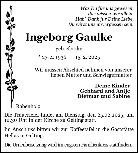 Traueranzeige von Ingeborg Gaulke von Flensburger Tageblatt, Schleswiger Nachrichten, Schlei-Bote