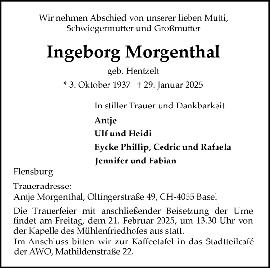 Traueranzeige von Ingeborg Morgenthal von Flensburger Tageblatt
