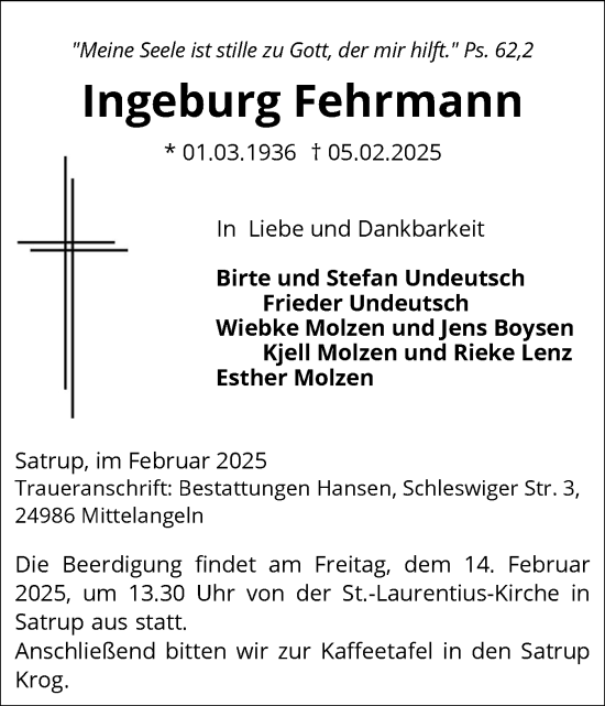 Traueranzeige von Ingeburg Fehrmann von Flensburger Tageblatt