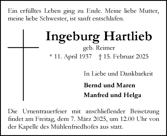 Traueranzeige von Ingeburg Hartlieb von Flensburger Tageblatt