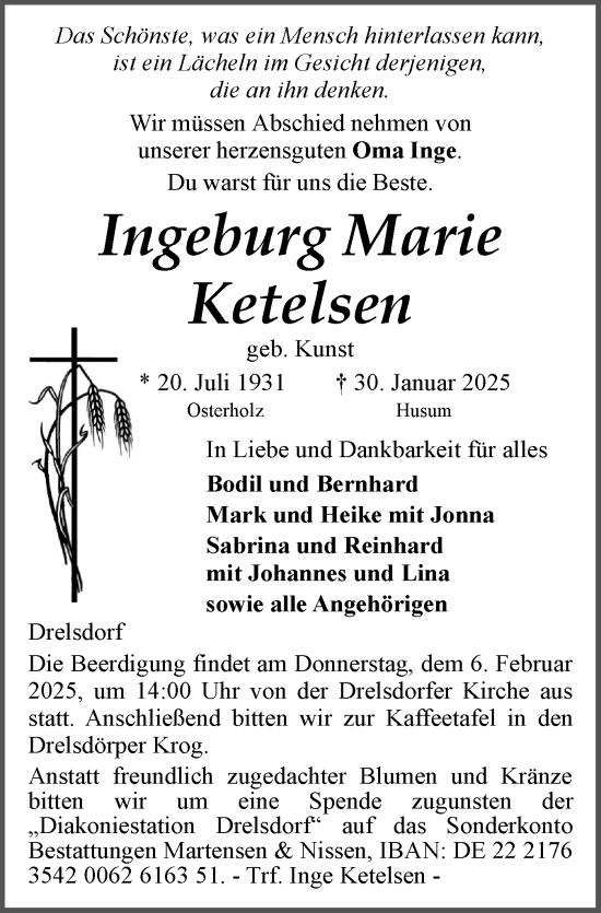 Traueranzeige von Ingeburg Marie Ketelsen von Husumer Nachrichten, Nordfriesland Tageblatt