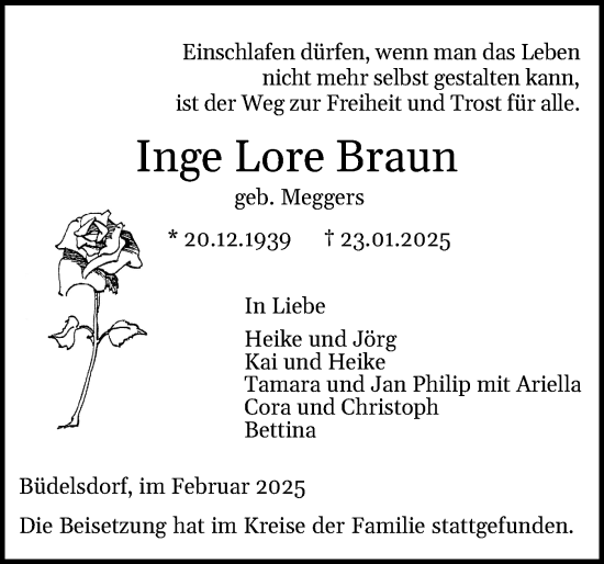 Traueranzeige von Inge Lore Braun von Schleswig-Holsteinische Landeszeitung