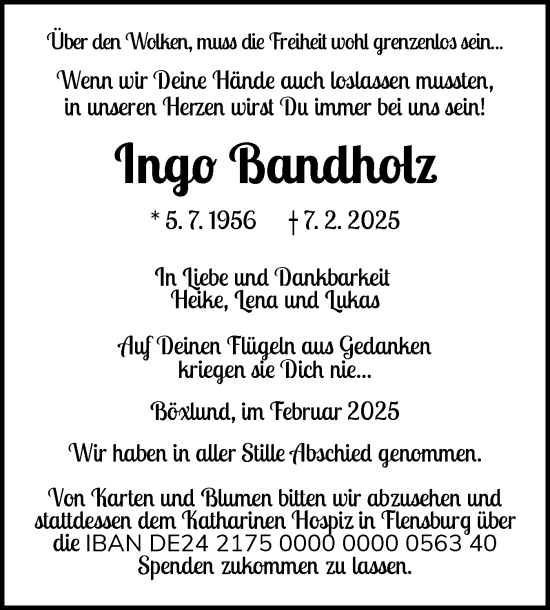 Traueranzeige von Ingo Bandholz von Flensburger Tageblatt