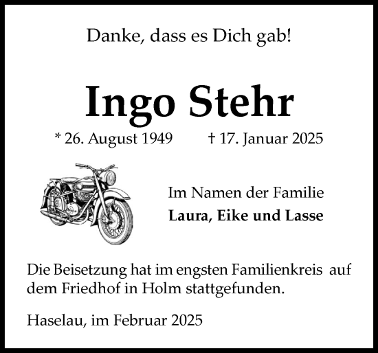 Traueranzeige von Ingo Stehr von Uetersener Nachrichten, Der tip am Wochenende