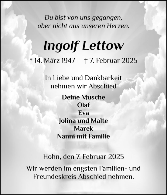 Traueranzeige von Ingolf Lettow von Schleswig-Holsteinische Landeszeitung