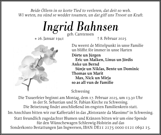 Traueranzeige von Ingrid Bahnsen von Husumer Nachrichten, Nordfriesland Tageblatt