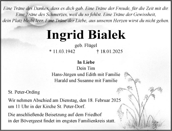 Traueranzeige von Ingrid Bialek von Husumer Nachrichten, Nordfriesland Tageblatt