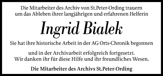 Traueranzeige von Ingrid Bialek von Husumer Nachrichten, Nordfriesland Tageblatt