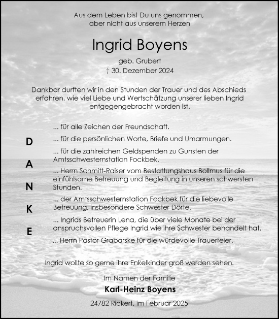 Traueranzeige von Ingrid Boyens von Schleswig-Holsteinische Landeszeitung