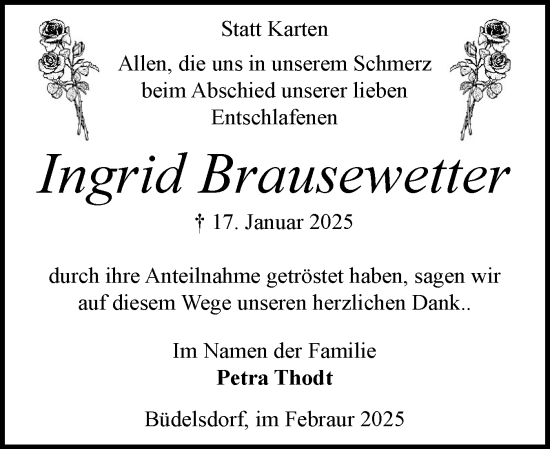 Traueranzeige von Ingrid Brausewetter von Schleswig-Holsteinische Landeszeitung