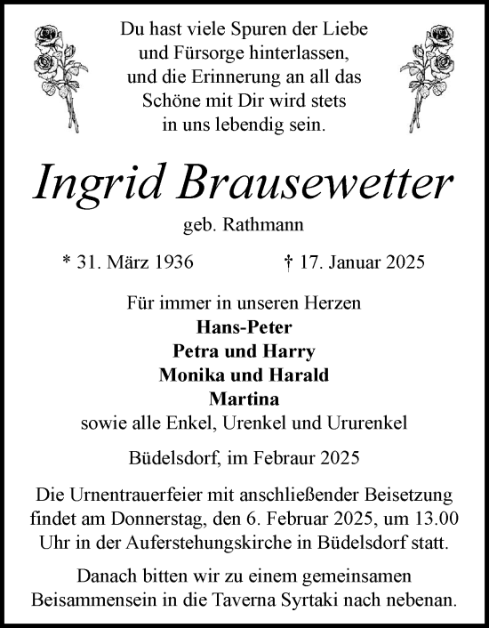 Traueranzeige von Ingrid Brausewetter von Schleswig-Holsteinische Landeszeitung