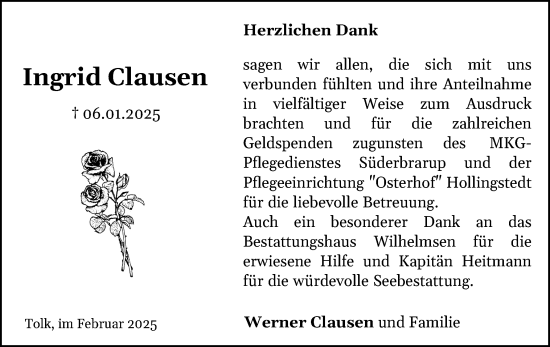 Traueranzeige von Ingrid Clausen von Schleswiger Nachrichten, Schlei-Bote