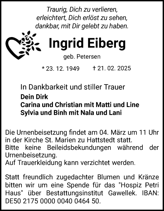 Traueranzeige von Ingrid Eiberg von Husumer Nachrichten, Nordfriesland Tageblatt
