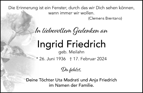 Traueranzeige von Ingrid Friedrich von Heimatspiegel