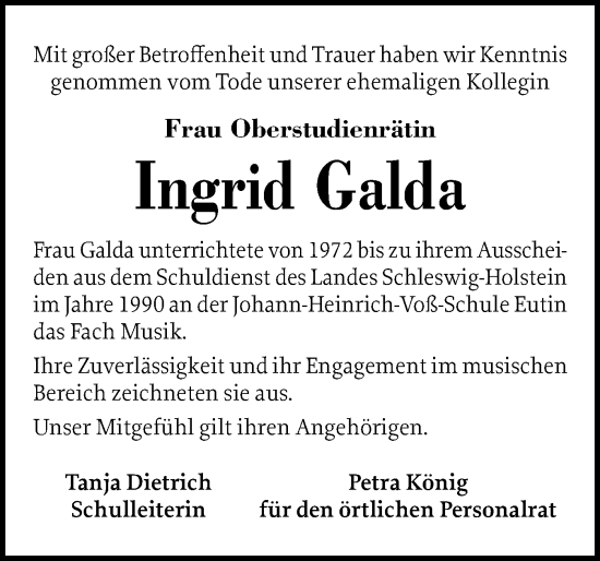 Traueranzeige von Ingrid Galda von Ostholsteiner Anzeiger