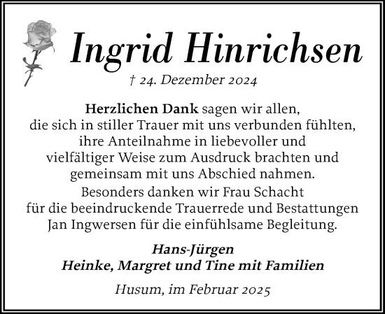 Traueranzeige von Ingrid Hinrichsen von Husumer Nachrichten, Nordfriesland Tageblatt